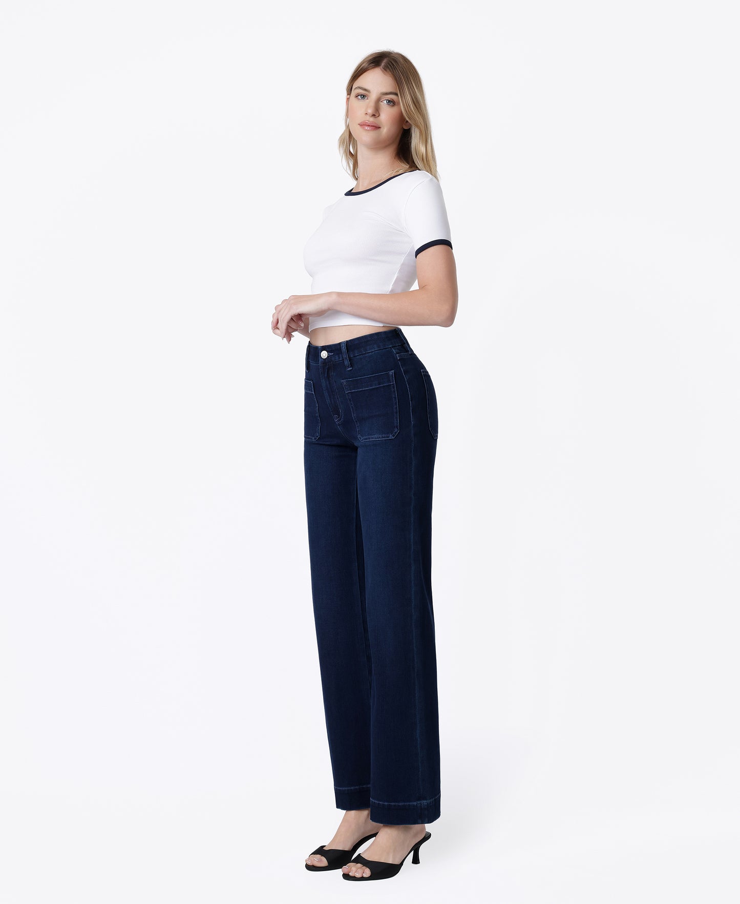 Left 45 degrees product image of Calm Blue - High Rise Patch Pocket Dark Blue Tint Slim Wide Leg Jeans