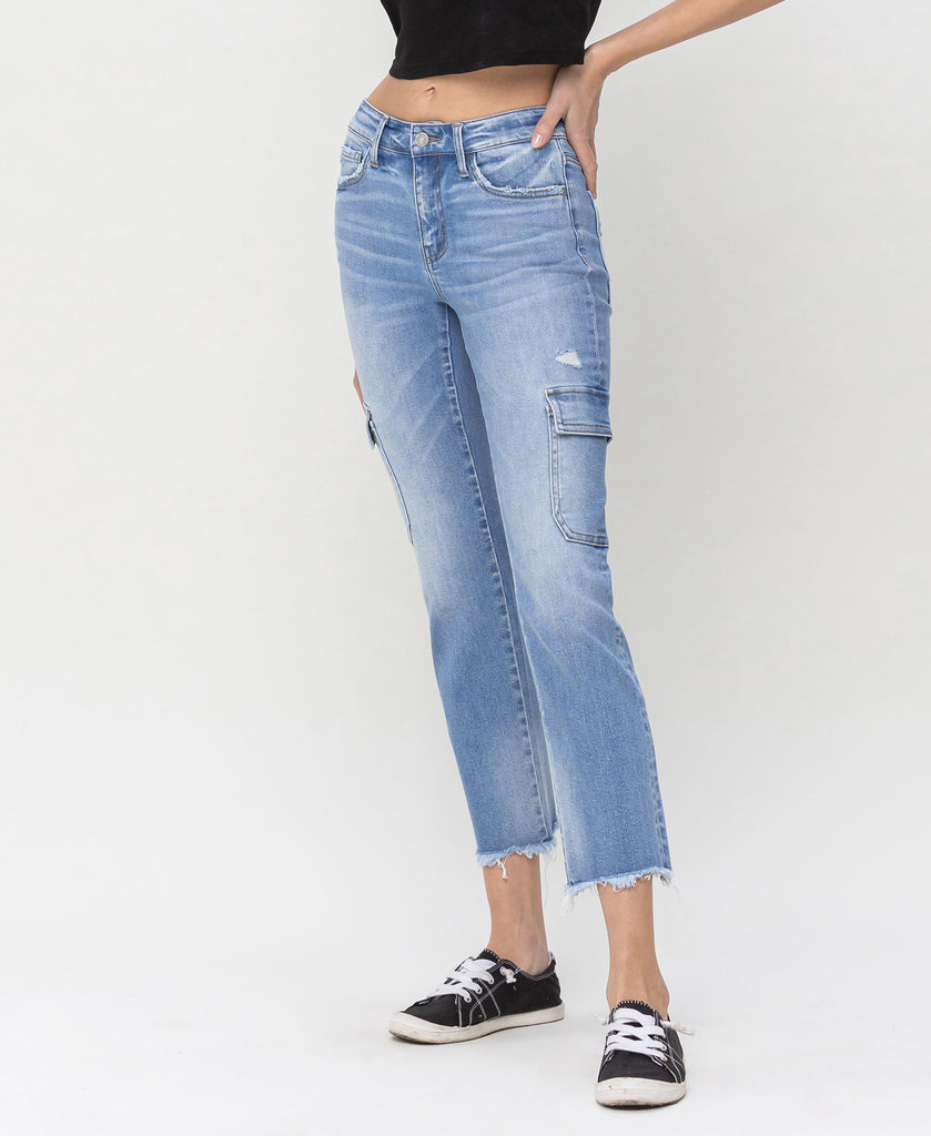 Left 45 degrees product image of Mightly - Mid Rise Slim Cropped Straight Cargo Jeans