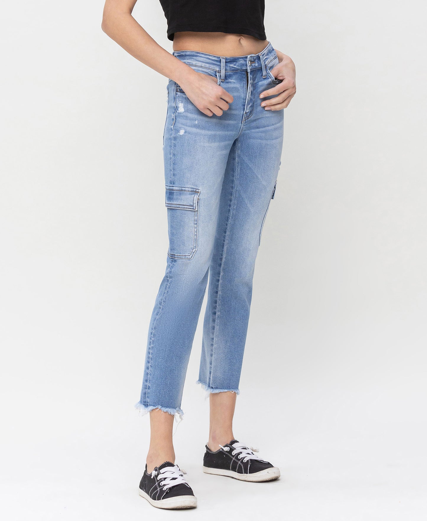 Right 45 degrees product image of Mightly - Mid Rise Slim Cropped Straight Cargo Jeans