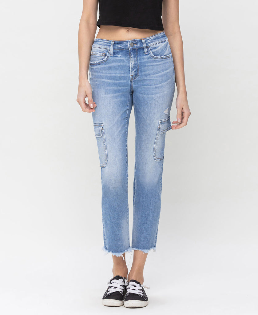 Front product images of Mightly - Mid Rise Slim Cropped Straight Cargo Jeans