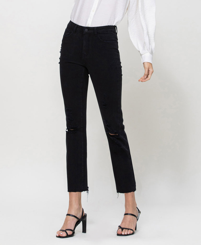 Left 45 degrees product image of Jet Black - High Rise Slim Straight Jeans