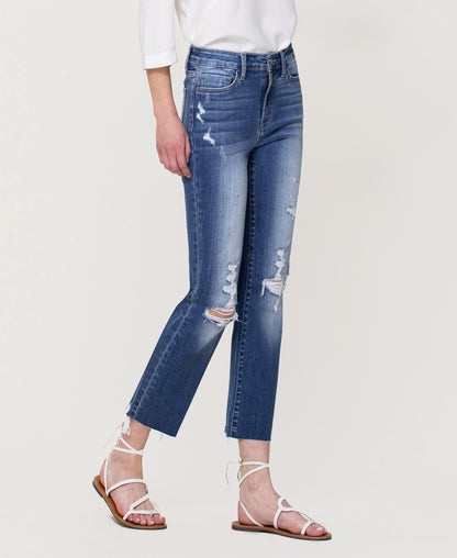 Right 45 degrees product image of Lani Medium- High Rise Clean Cut & Fray Hem Detail Crop Straight Jeans