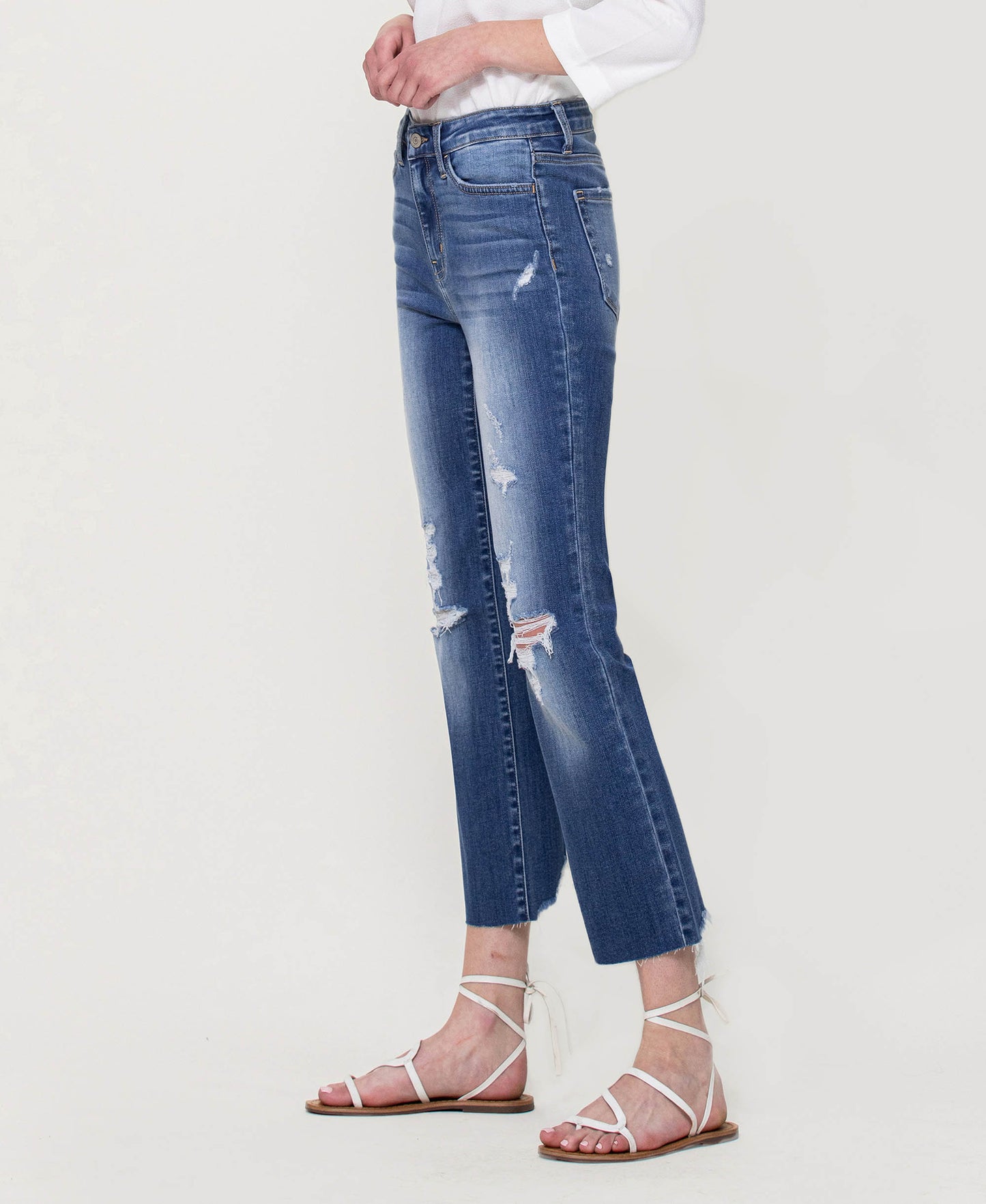 Left 45 degrees product image of Lani Medium- High Rise Clean Cut & Fray Hem Detail Crop Straight Jeans