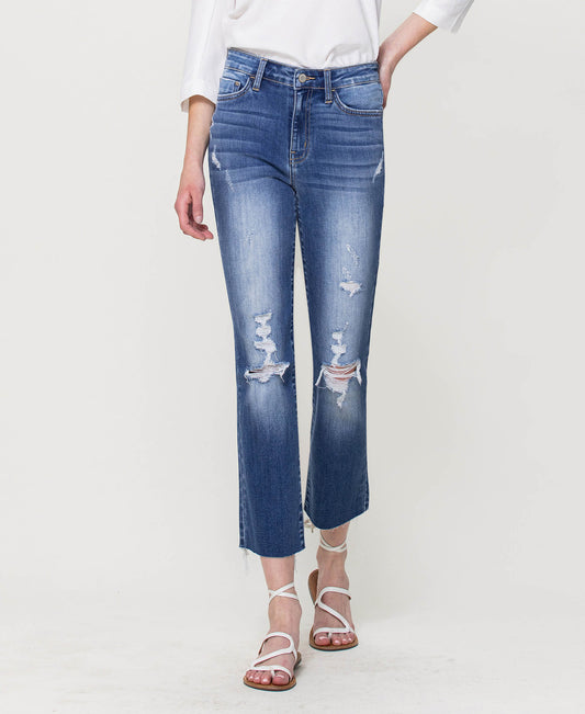 Front product images of Lani Medium- High Rise Clean Cut & Fray Hem Detail Crop Straight Jeans