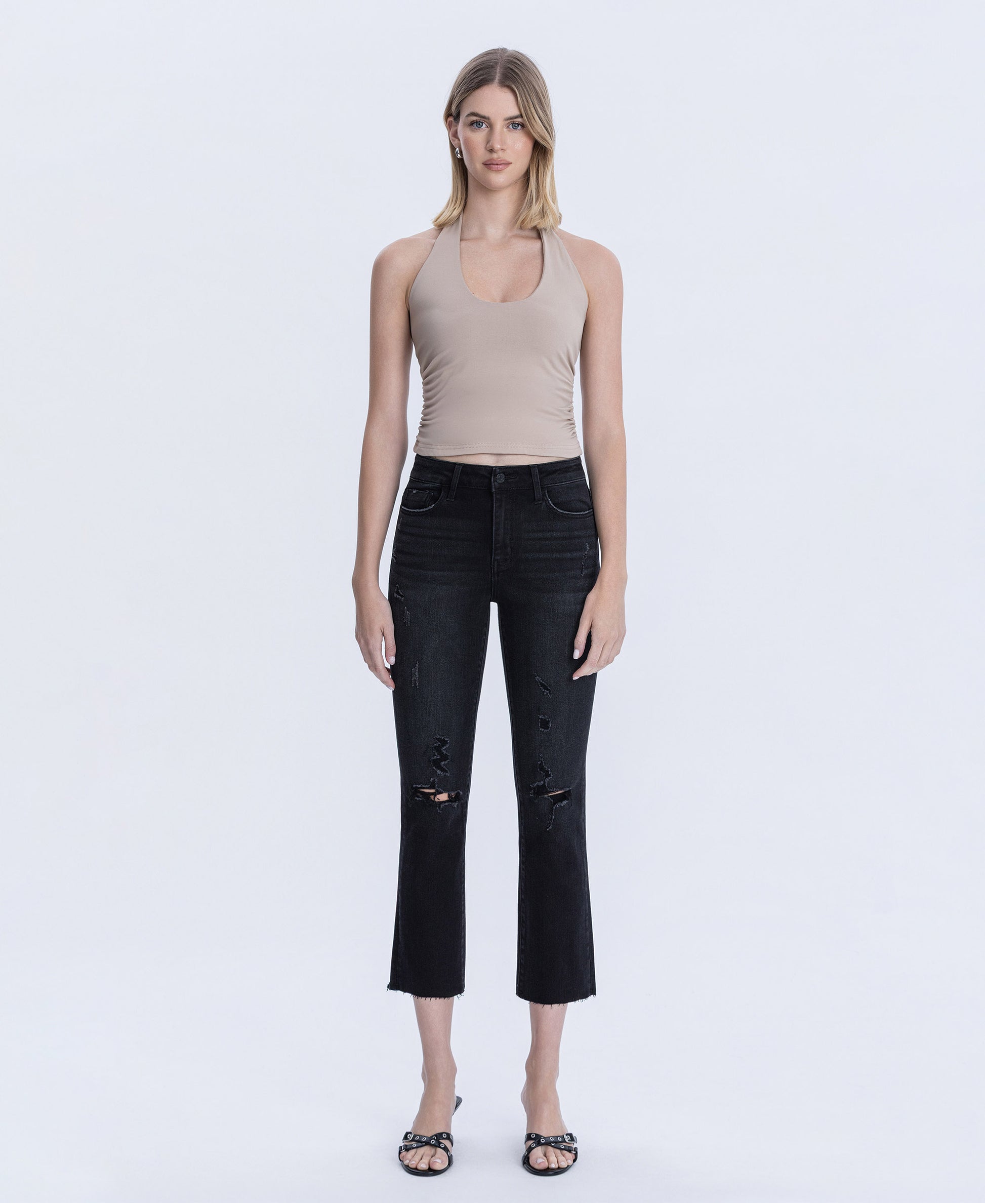 Front product images of Black - High Rise Distressed Crop Slim Straight Jeans