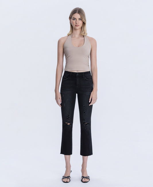Front product images of Black - High Rise Distressed Crop Slim Straight Jeans