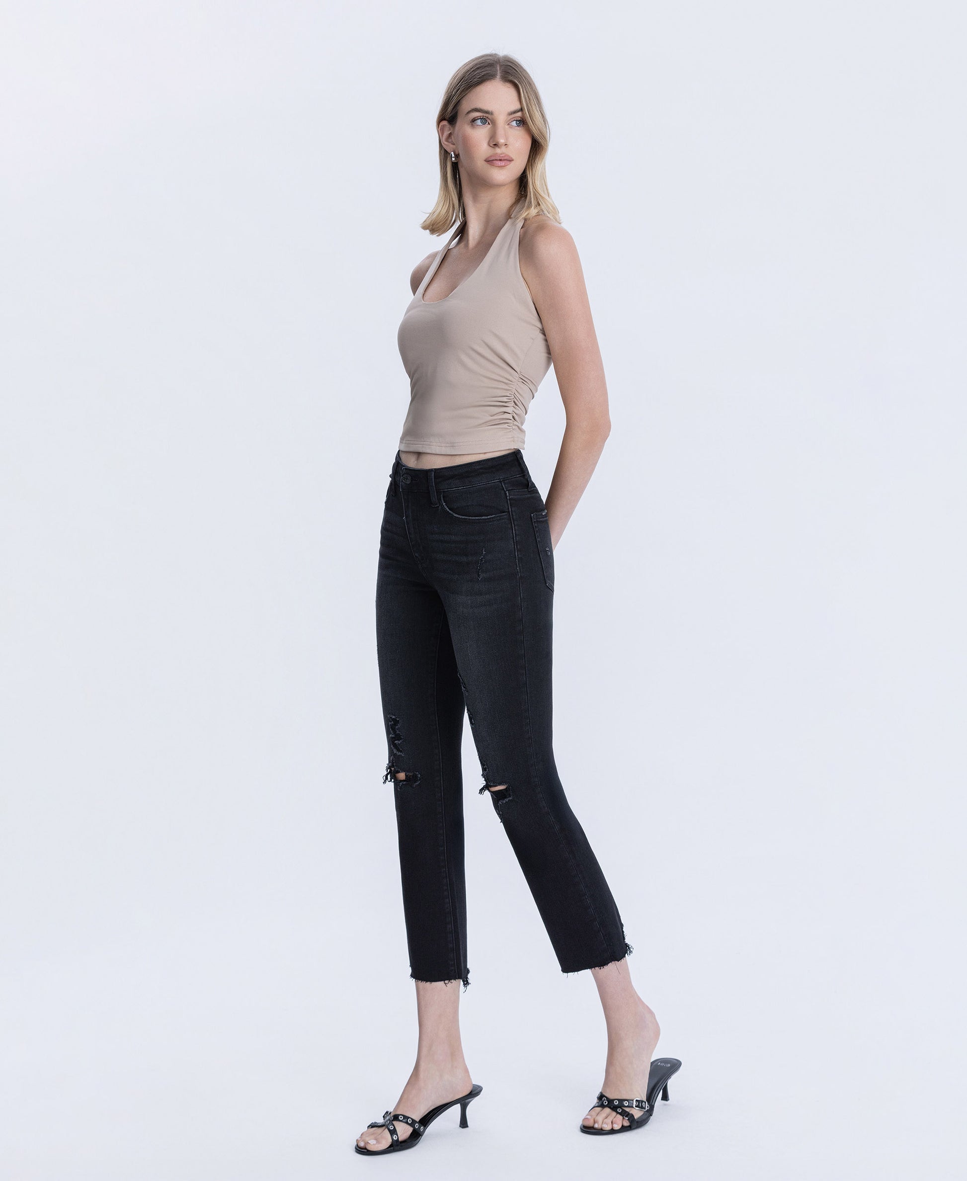 Left 45 degrees product image of Black - High Rise Distressed Crop Slim Straight Jeans
