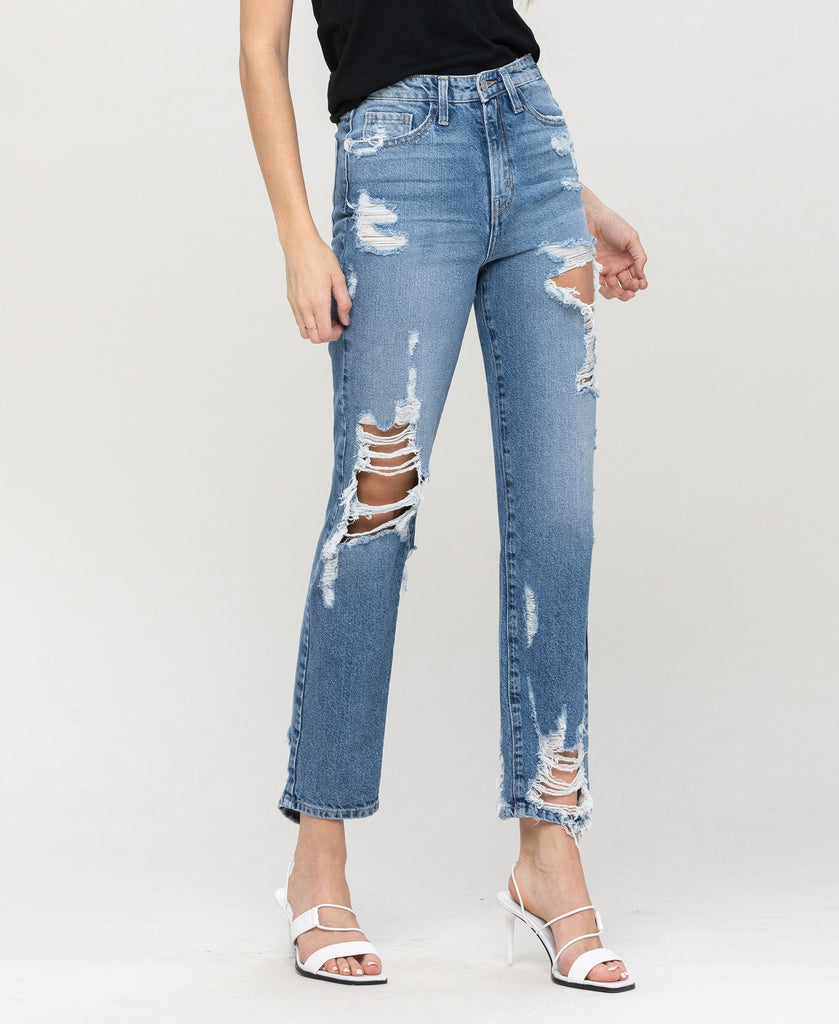 Right 45 degrees product image of Goodbye - Super High Rise Tattered Ankle Straight Jeans