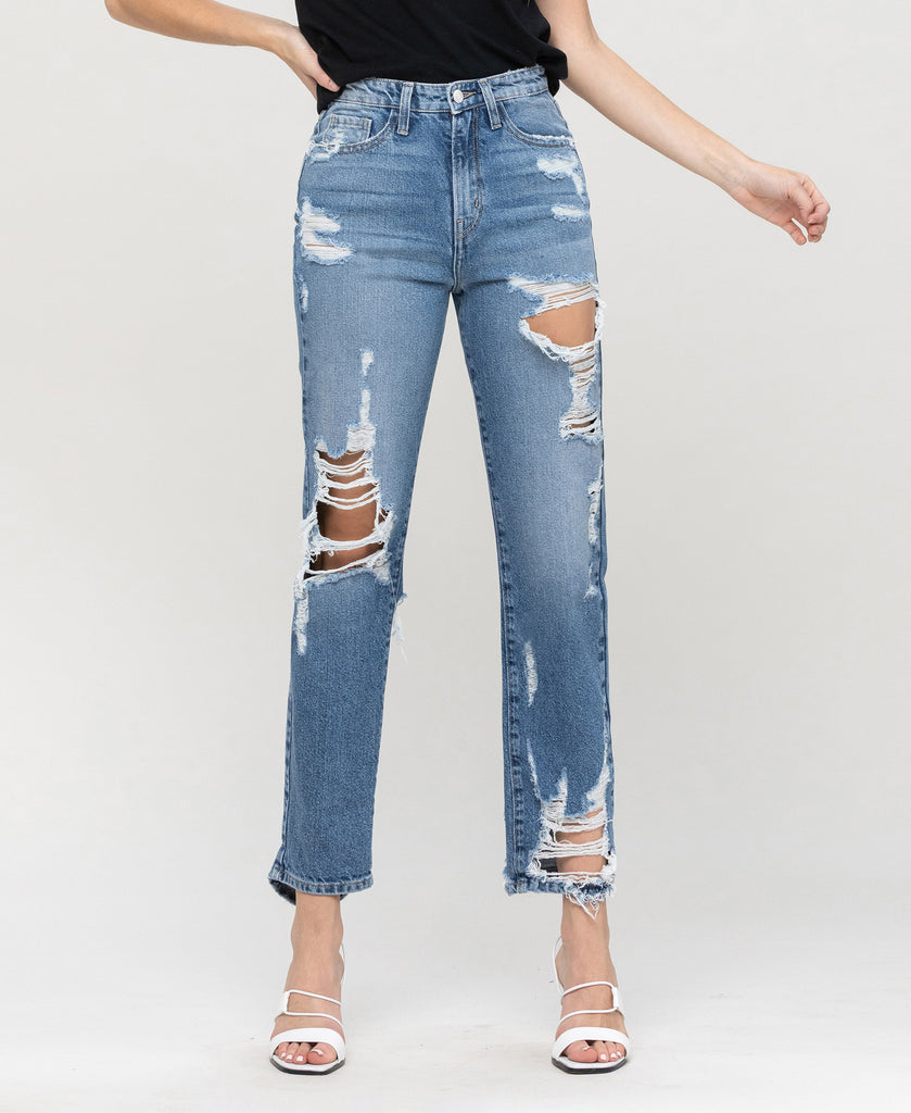 Front product images of Goodbye - Super High Rise Tattered Ankle Straight Jeans